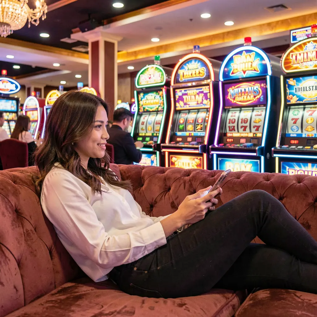 Confident Malaysian woman relaxing on a sofa while using the FYI777 casino app with colorful slot machines and neon lights behind her