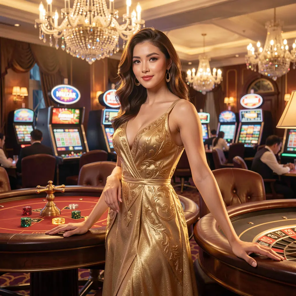 Elegant casino scene with a glamorous woman in a gold dress near a roulette table showcasing the premium live casino experience at FYI777 for players in Malaysia