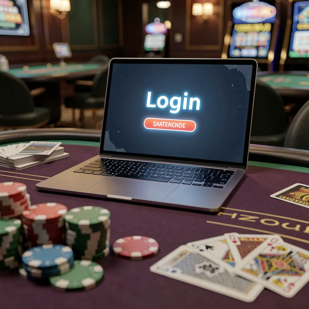 Modern laptop on a casino table with poker chips showing the FYI777 login screen for secure access to online gaming in Malaysia