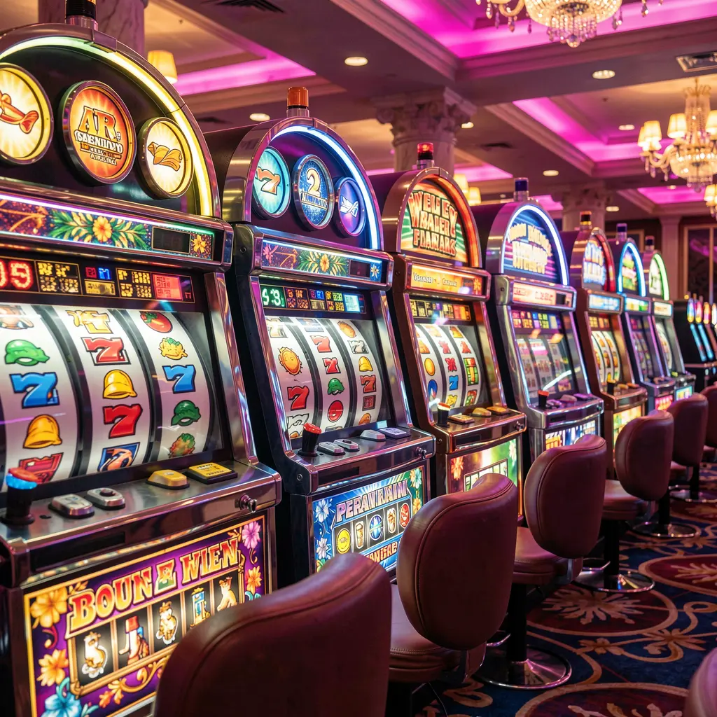 Close up view of modern slot machines with bright symbols and spinning reels showcasing the immersive casino gameplay available at FYI777 for Malaysia players